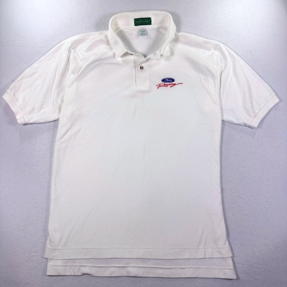 Vintage 90s Nascar Ford Racing Polo Shirt White Large Made in USA Outer Banks - Picture 3 of 9
